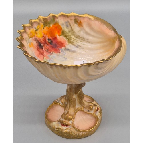 284 - Scottish Nautilus pottery shell design fruit bowl. raised with a stem made from porcelain fish and h... 