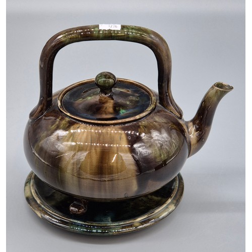 285 - Antique Scottish Dunmore pottery kettle and stand. Both stamped. Peter Gardner. Small chip to rim of... 