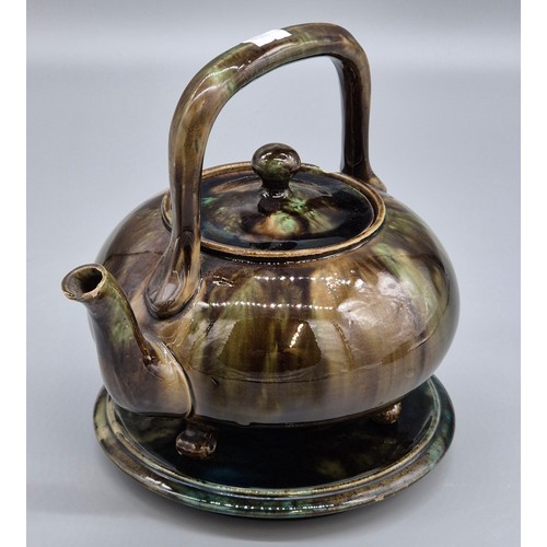 285 - Antique Scottish Dunmore pottery kettle and stand. Both stamped. Peter Gardner. Small chip to rim of... 