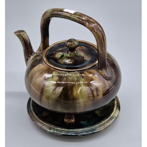 285 - Antique Scottish Dunmore pottery kettle and stand. Both stamped. Peter Gardner. Small chip to rim of... 