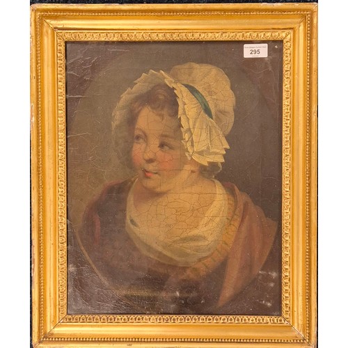 295 - 18th/ 19th century oil painting portrait of a young women wearing a white bonnet. Unsigned. Painted ... 