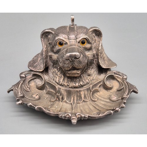 302 - 19th century silver plated dog head ink stand. Fitted with glass eyes. and has glass preserve presen... 