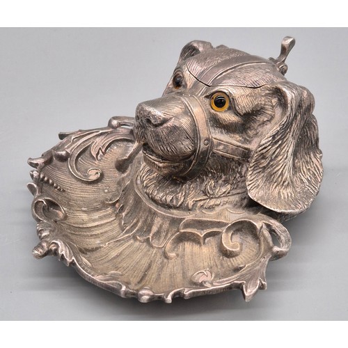 302 - 19th century silver plated dog head ink stand. Fitted with glass eyes. and has glass preserve presen... 