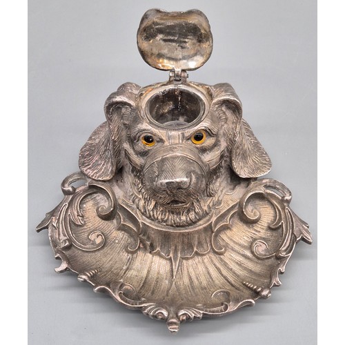 302 - 19th century silver plated dog head ink stand. Fitted with glass eyes. and has glass preserve presen... 