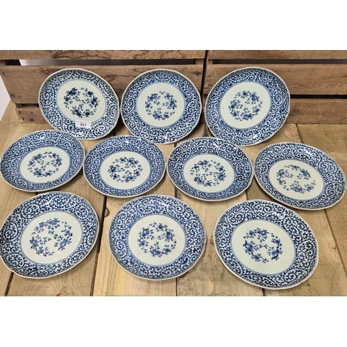 301 - 18th/ 19th century Japanese Edo Period blue and white. Ten plates in total. 19cm diameter.