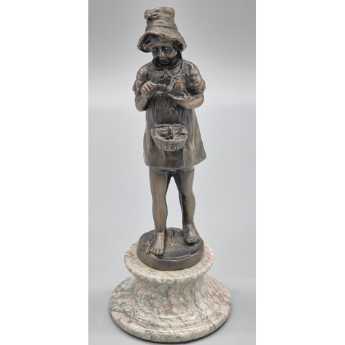 315 - L. Fuenze 
Cast Bronze figure of a girl holding a basket of birds. Raised on a marble base. 24cm hig... 