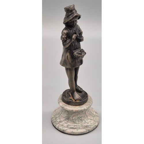 315 - L. Fuenze 
Cast Bronze figure of a girl holding a basket of birds. Raised on a marble base. 24cm hig... 