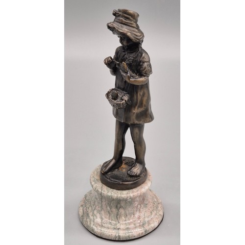 315 - L. Fuenze 
Cast Bronze figure of a girl holding a basket of birds. Raised on a marble base. 24cm hig... 