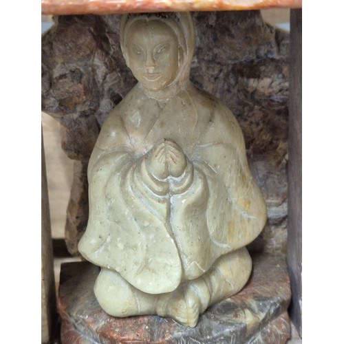 316 - Large antique Chinese soapstone temple carving. Raised on a wooden base. Buddha praying sat to the i... 