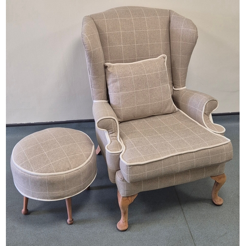 370 - A Mid Century Parker Knoll Reupholstered Gullwing Arm Chair & cushion with matching Foot stool