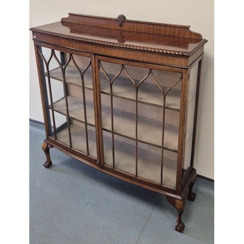 372 - Antique Mahogany two door display Cabinet. Raised on Ball and claw feet. 135x122x36cm.