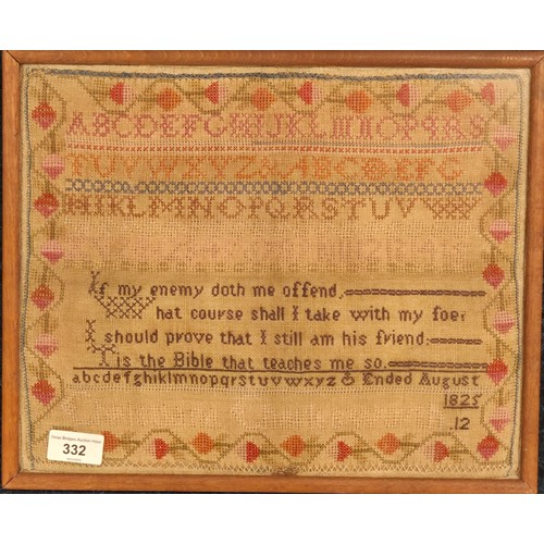 332 - 19th century sampler. Dated 1825. Christina Charlesworth. Frame-31x38cm.