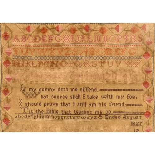 332 - 19th century sampler. Dated 1825. Christina Charlesworth. Frame-31x38cm.