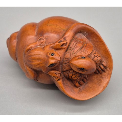 88 - Japanese hand carved boxwood netsuke sculpture of turtle within a shell and the frog resting on the ... 