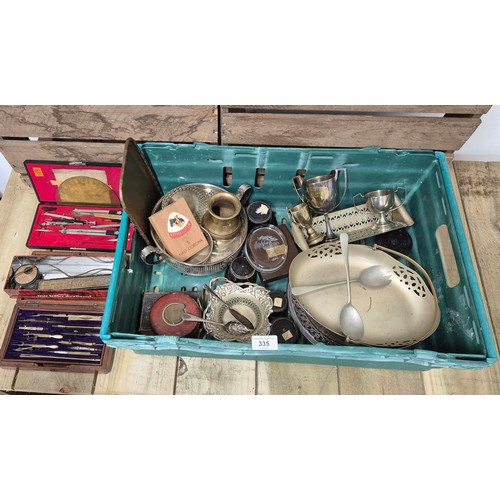 335 - Crate of collectables; Mathematics boxed set. Silver plated trophies, two handle serving dish, small... 