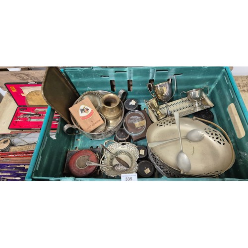 335 - Crate of collectables; Mathematics boxed set. Silver plated trophies, two handle serving dish, small... 