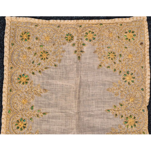 235A - Antique Indian silk scarf designed with gold embroidery boarder and fitted with beetle wings. 123x46... 