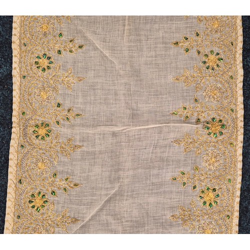 235A - Antique Indian silk scarf designed with gold embroidery boarder and fitted with beetle wings. 123x46... 