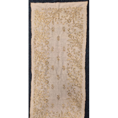 240A - Antique Indian Scarf detailed with heavy Gold thread embroidery. 124x52cm