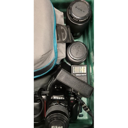 260A - Crate of cameras, lenses and Binoculars. Nikon F50 Camera. Samsung B 7X25N Binoculars and various ot... 