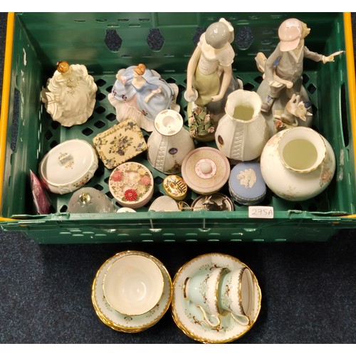 275A - Crate of collectables; Two Spanish figures. Royal Doulton & Royal Albert figures. Royal Tara of Irel... 