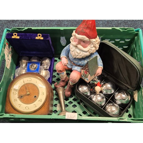 280A - Crate of collectables; Jim Shore design Gnome seated figure, French Boules, Mantel clock and silver ... 