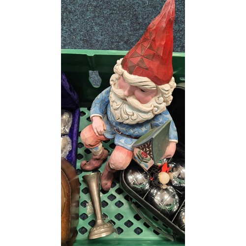 280A - Crate of collectables; Jim Shore design Gnome seated figure, French Boules, Mantel clock and silver ... 