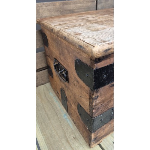 Military metal bound ammo style box with lifting handles. 31x58x35.