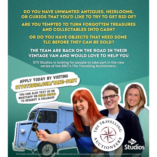Welcome to "Three Bridges Auction House". 
We have more exciting news the Travelling Auctioneers is coming to the Three Bridges Auction in September. If you are looking to get in touch with them in regards to Heirlooms your looking to sell, please see the contact details on the flyer or contact ourselves. 
Auction is on the 4th July. Auction commences at 12pm. Viewing is all week starting Monday 30th 9:30am- 4:30pm. Viewing on the sale day 9am-12pm.
We'd like to welcome you along to our showroom where you will see many Antiques and Collectables. Ranging from Gold and silver jewellery, Militaria, Porcelain, Fine art, Antique and Contemporary Furniture. Viewing Is held two days prior to the auction date. 
You can leave bids either by using the easyliveAuction.com online platform, telephone bids are welcome, book bids- the auctioneer will bid on your behalf. 
Our Commission is 18% plus Vat. Payment and pick up of items should be 5 working days after the sale date as stated in our terms and conditions or prior arrangement. 

POSTAGE & PACKING.
Please note we will only send small items of jewellery and small non fragile items. Please check with the Auction before purchasing if we can pack the item [s] 
We have a list of mailboxes and couriers which can be contacted to get a quote for delivery of bigger and fragile items.  
Below are some suggestions to help... Mail Box- MBE Anne Balfour 01786449543- email:   stirling@centres.mbe.uk .Courier Services - 07857455114 Email - tjscotlanddelivers@outlook.com Chris Watson Delivery Service T. 07793240435 E. info@chriswatsondelivery.co.uk W. chriswatsondelivery.co.uk, Items2go- 07783 861970 HC Couriers - 07491674691 ADS Alistair Weanie - alweanie@btconnect.com 07768084941 City Couriers- Adam Syme- 0131 447 7295-07740803433 Simon Smith-S.N.S Courier Services- 07715434211-Simonsmith864@yahoo.com Pack & Send Edinburgh East-0131 201 2244 Jordan's Van Services - 07544912030 Peter The One Man Band- 07454935318 -petertheonemanband007@gmail.com First Choice Movers- 08001601601 firstchoicemoversmel@gmail.com Speacialist Delivery Courier Mike Aird - 07468181608 mick.aird1323@gmail.com Guvs 24/7 Couriers- 07939518538 - guvscouriers@gmail.com For paintings and fine art we recommend Aardvark Art Services and they can be contacted on 01253 794673. Email info@aardvarkartservices.com

We hope you can join us online and in the saleroom for our auction.

Three Bridges Auction House Team.