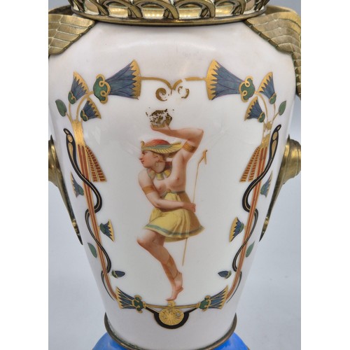 103 - Art Deco Egyptian Revival Opaline Vase. Bronze/ Gilt brass base and handles. Hand Painted half nude ... 