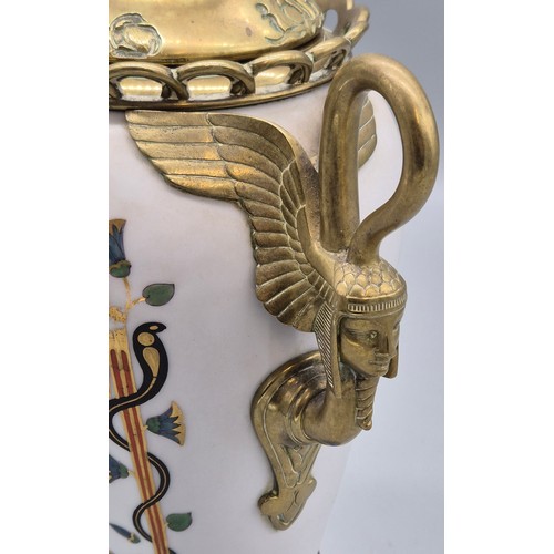 103 - Art Deco Egyptian Revival Opaline Vase. Bronze/ Gilt brass base and handles. Hand Painted half nude ... 