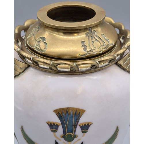 103 - Art Deco Egyptian Revival Opaline Vase. Bronze/ Gilt brass base and handles. Hand Painted half nude ... 
