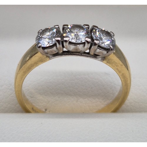 61 - 18ct yellow gold three diamond ring. 0.75cts. 
3.51grams. Ring size K.