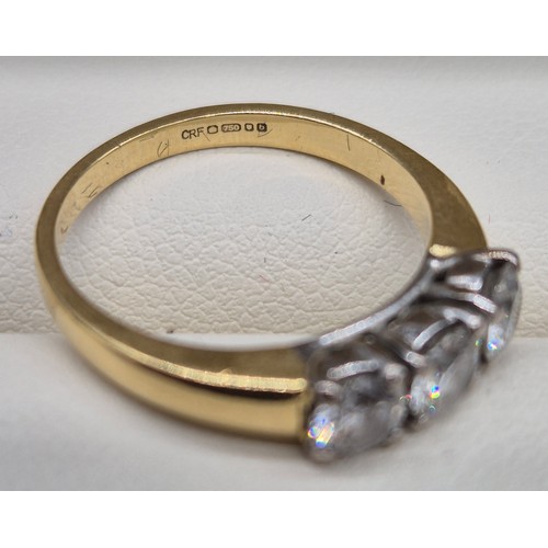 61 - 18ct yellow gold three diamond ring. 0.75cts. 
3.51grams. Ring size K.