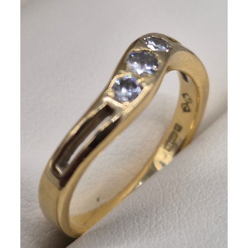 63 - 18ct yellow gold, three diamond stone ring. 
0.30cts. Ring size L. 
3.19GRAMS.