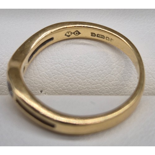 63 - 18ct yellow gold, three diamond stone ring. 
0.30cts. Ring size L. 
3.19GRAMS.