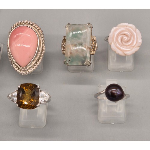 79 - A Collection of eight silver and gem stone rings; Pink Quartz, Pearl, Agate and Amethyst stones.