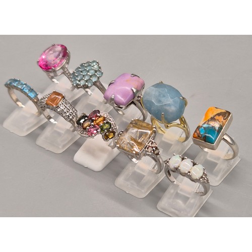 73 - A Collection of 10 Silver and Gem stone rings; Opal Three Stone Ring. Blue and Pink Quartz Stone Rin... 