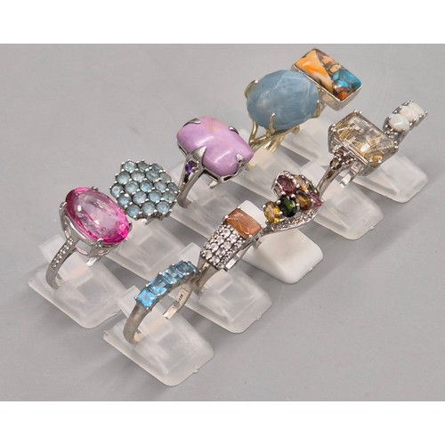 73 - A Collection of 10 Silver and Gem stone rings; Opal Three Stone Ring. Blue and Pink Quartz Stone Rin... 