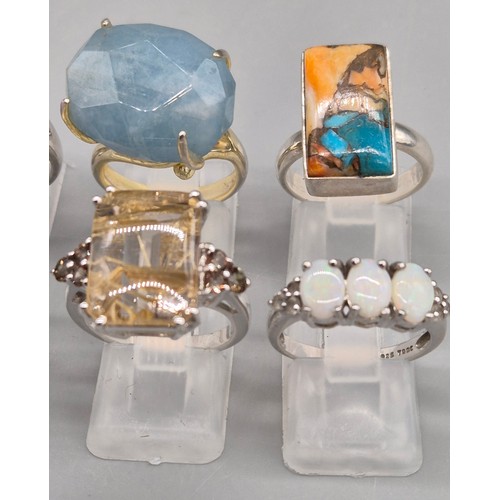 73 - A Collection of 10 Silver and Gem stone rings; Opal Three Stone Ring. Blue and Pink Quartz Stone Rin... 