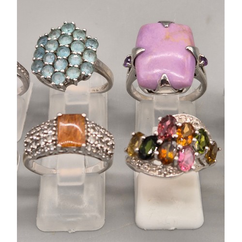 73 - A Collection of 10 Silver and Gem stone rings; Opal Three Stone Ring. Blue and Pink Quartz Stone Rin... 