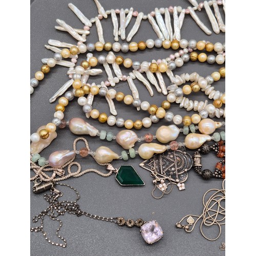 82 - A Collection of silver and pearl jewellery; Various pearl necklaces. Silver pendants and chains. Sil... 