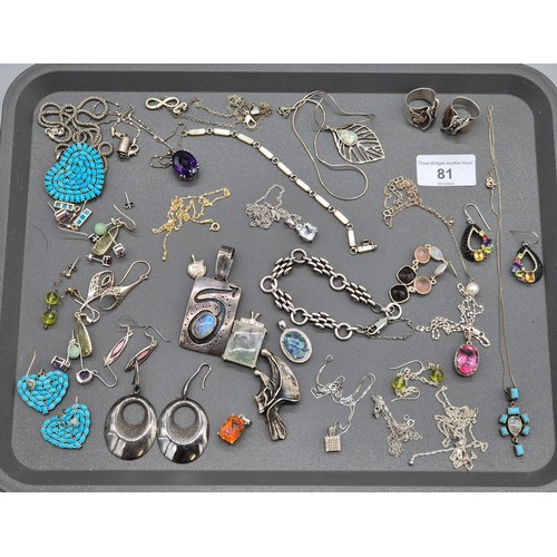 81 - A Collection of silver jewellery; Silver hand made rings and pendant. Silver and gem stone earrings.... 