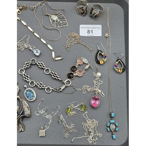 81 - A Collection of silver jewellery; Silver hand made rings and pendant. Silver and gem stone earrings.... 