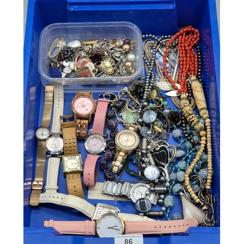 86 - Collection of jewellery; Skagen, Pilgrim & Klaus Kobec watches. Bone and red bead statement necklace... 