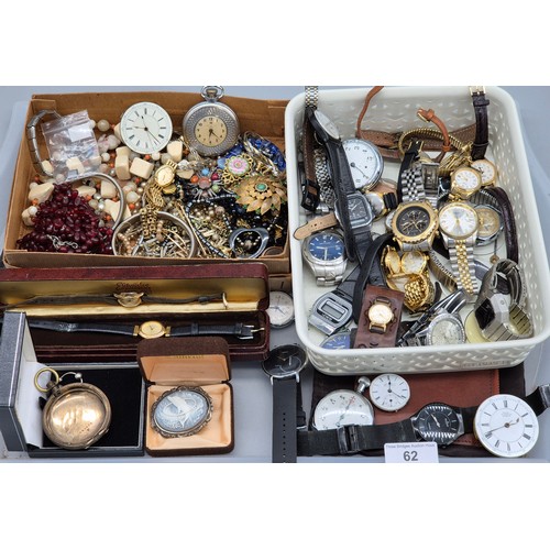 62 - A Tray of jewellery, watches and odds; Skagen Titanium watch, various pocket watch parts/ dials. Ima... 