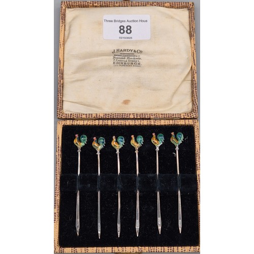88 - Boxed set of Six Birmingham silver and enamel cocktail sticks. Produced by Adie Brothers ltd.