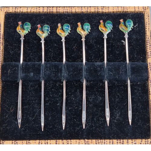 88 - Boxed set of Six Birmingham silver and enamel cocktail sticks. Produced by Adie Brothers ltd.
