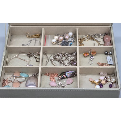 77 - Jewellery box containing silver jewellery; Silver perfume bottle pendant. Silver and pearl earrings.... 