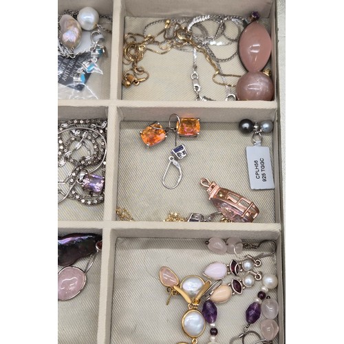 77 - Jewellery box containing silver jewellery; Silver perfume bottle pendant. Silver and pearl earrings.... 